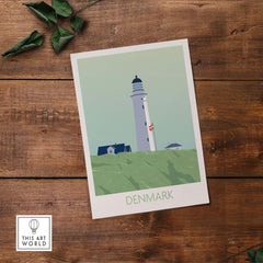 Denmark poster print featuring a lighthouse and coastal landscape, ideal for travel-themed wall art.