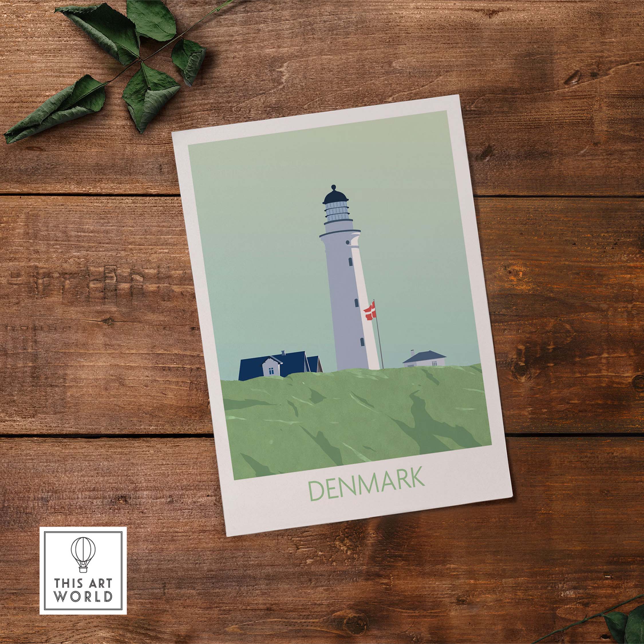 Denmark poster print featuring a lighthouse and coastal landscape, ideal for travel-themed wall art.