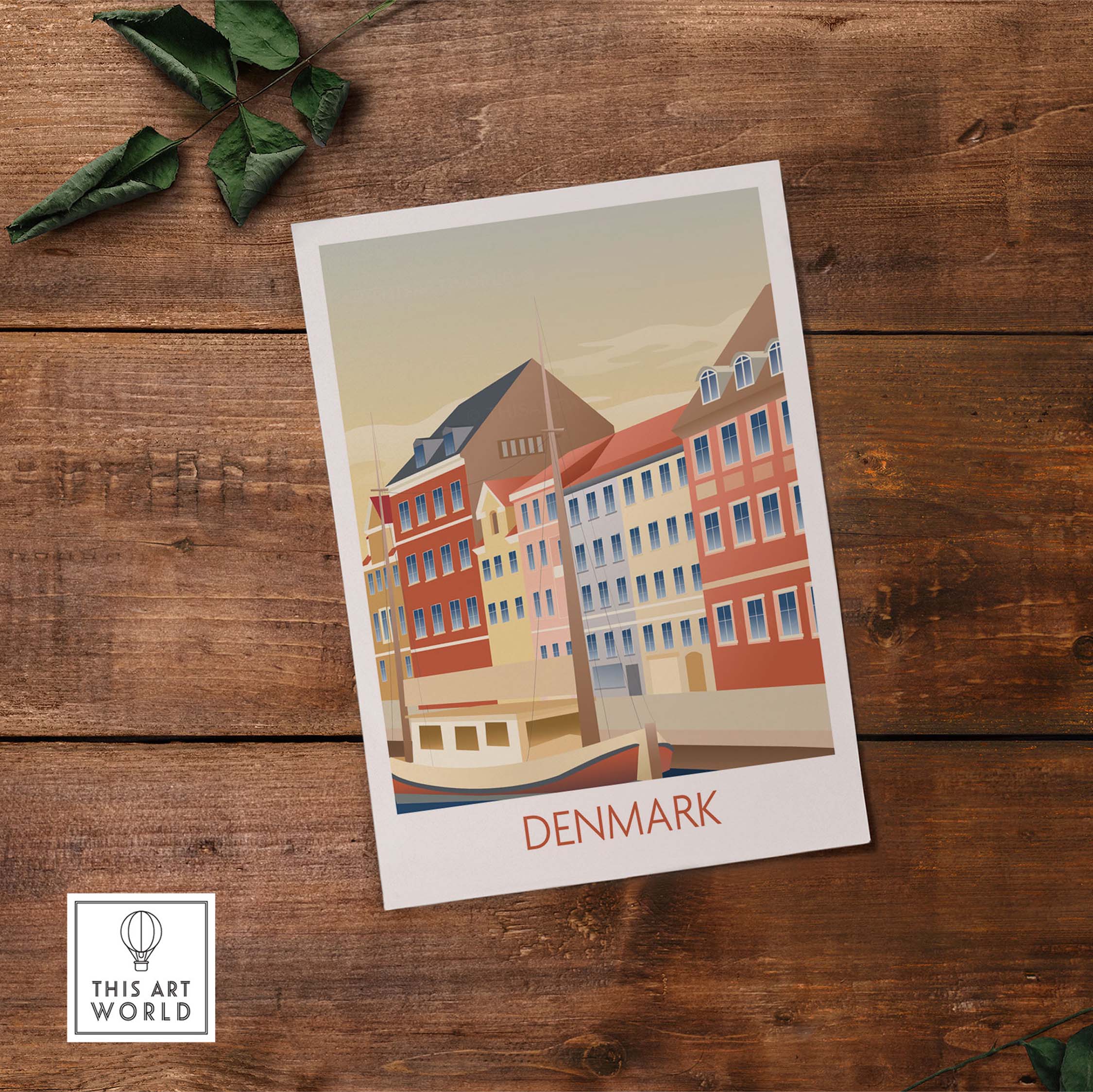 Denmark poster art print featuring colorful buildings and a serene waterfront in a minimalist design.