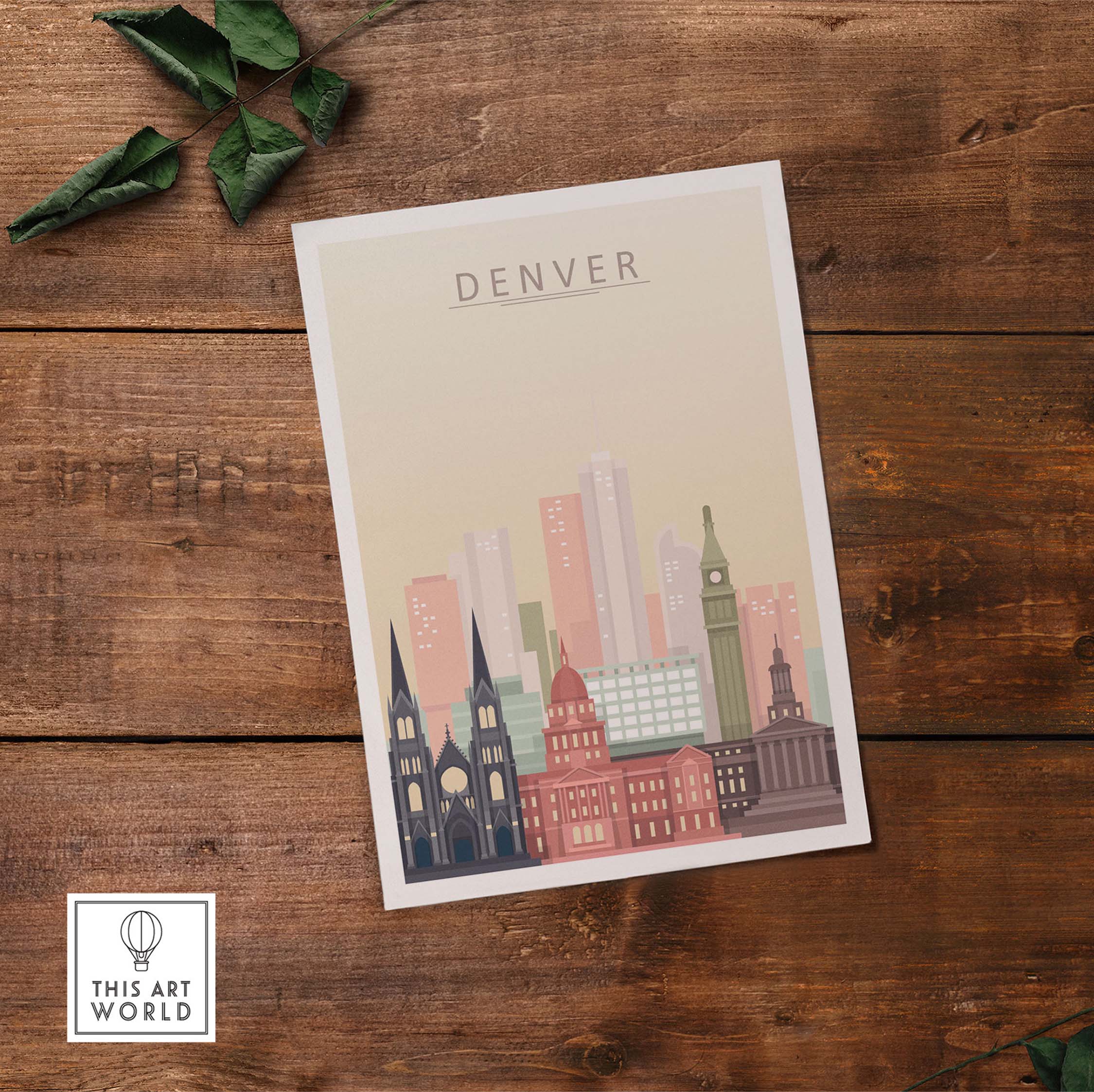 Denver skyline art print featuring iconic buildings in warm pastel tones on wooden background.