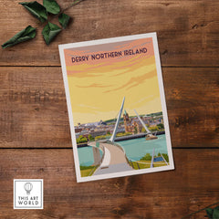Derry Print Poster Wall Art featuring Peace Bridge and cityscape of Derry, Northern Ireland, in a vintage style.