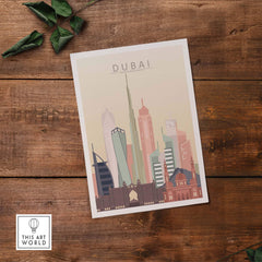 Dubai city skyline wall art print in pastel colors, showcasing iconic architecture for stylish home decor.