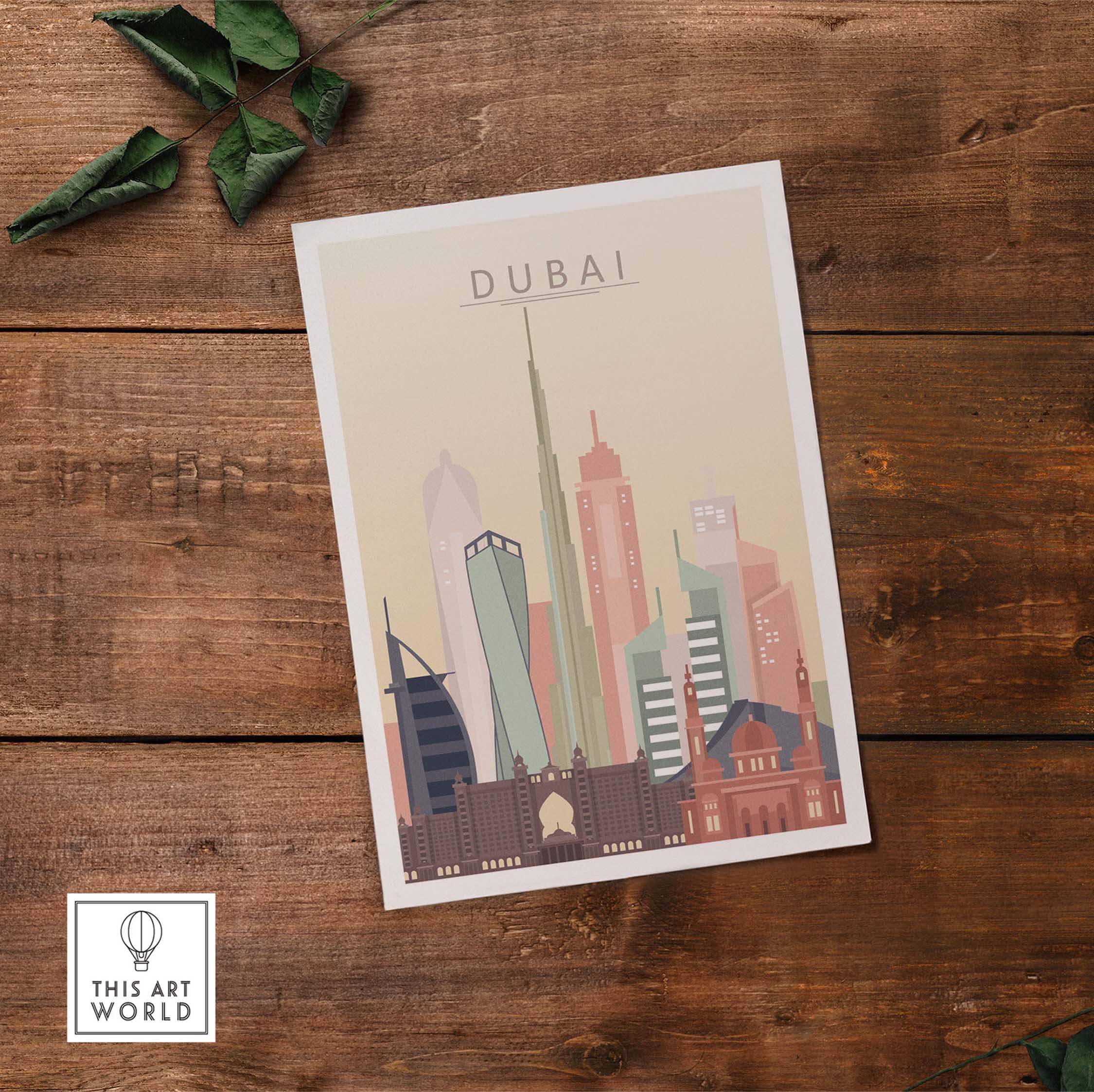 Dubai city skyline wall art print in pastel colors, showcasing iconic architecture for stylish home decor.