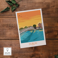 Dublin Print Ireland Poster featuring Ha'penny Bridge and vibrant sunset colors. Perfect for travel-inspired wall art.