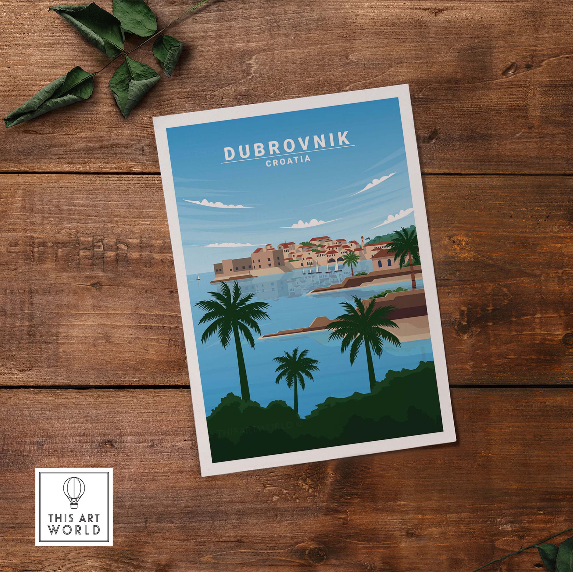 Dubrovnik art print featuring coastal scenery and palm trees, inspired by vintage travel posters from Croatia.