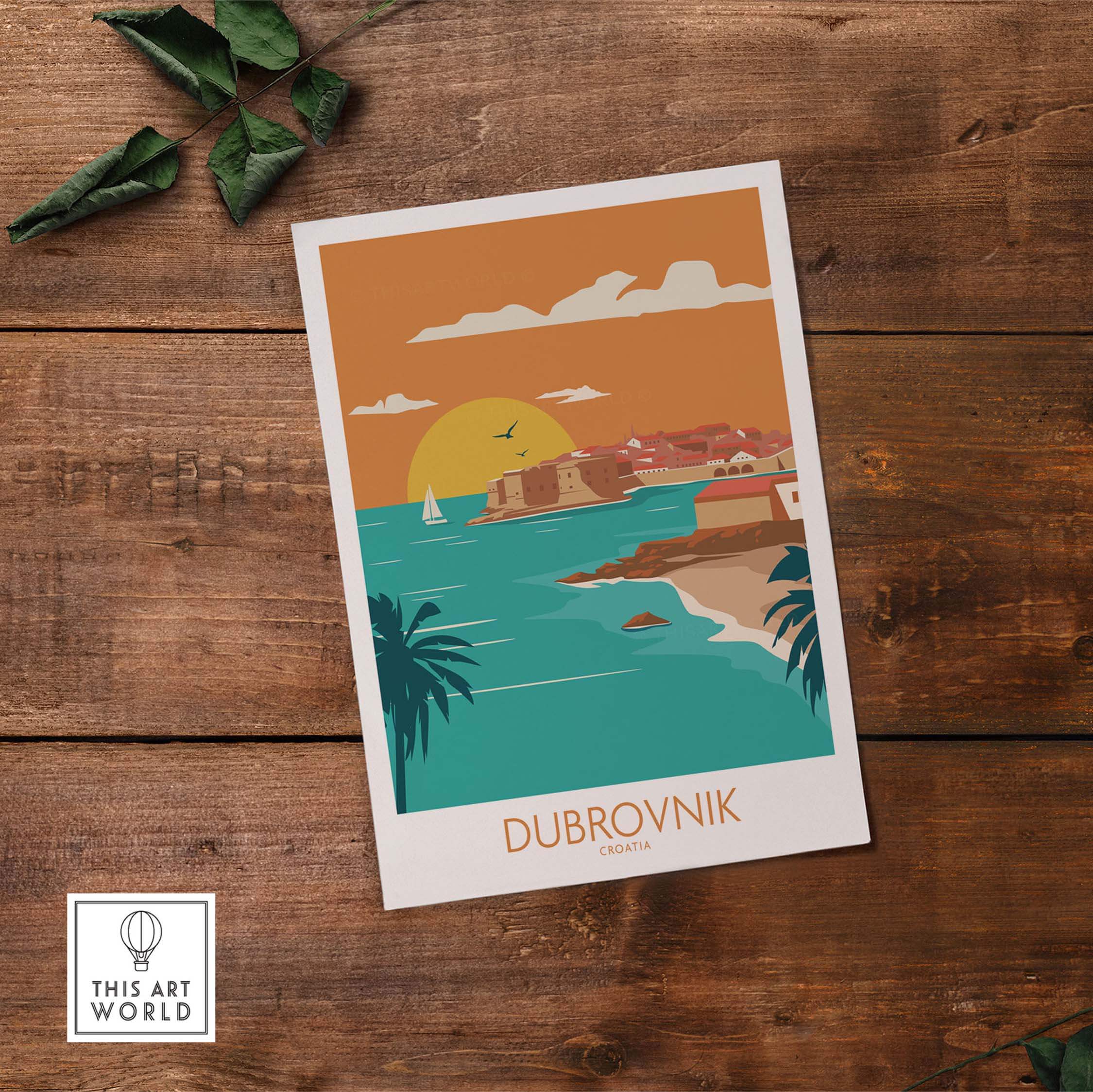 Dubrovnik Poster Art Print featuring a vibrant coastal scene of Croatia with vintage design elements.