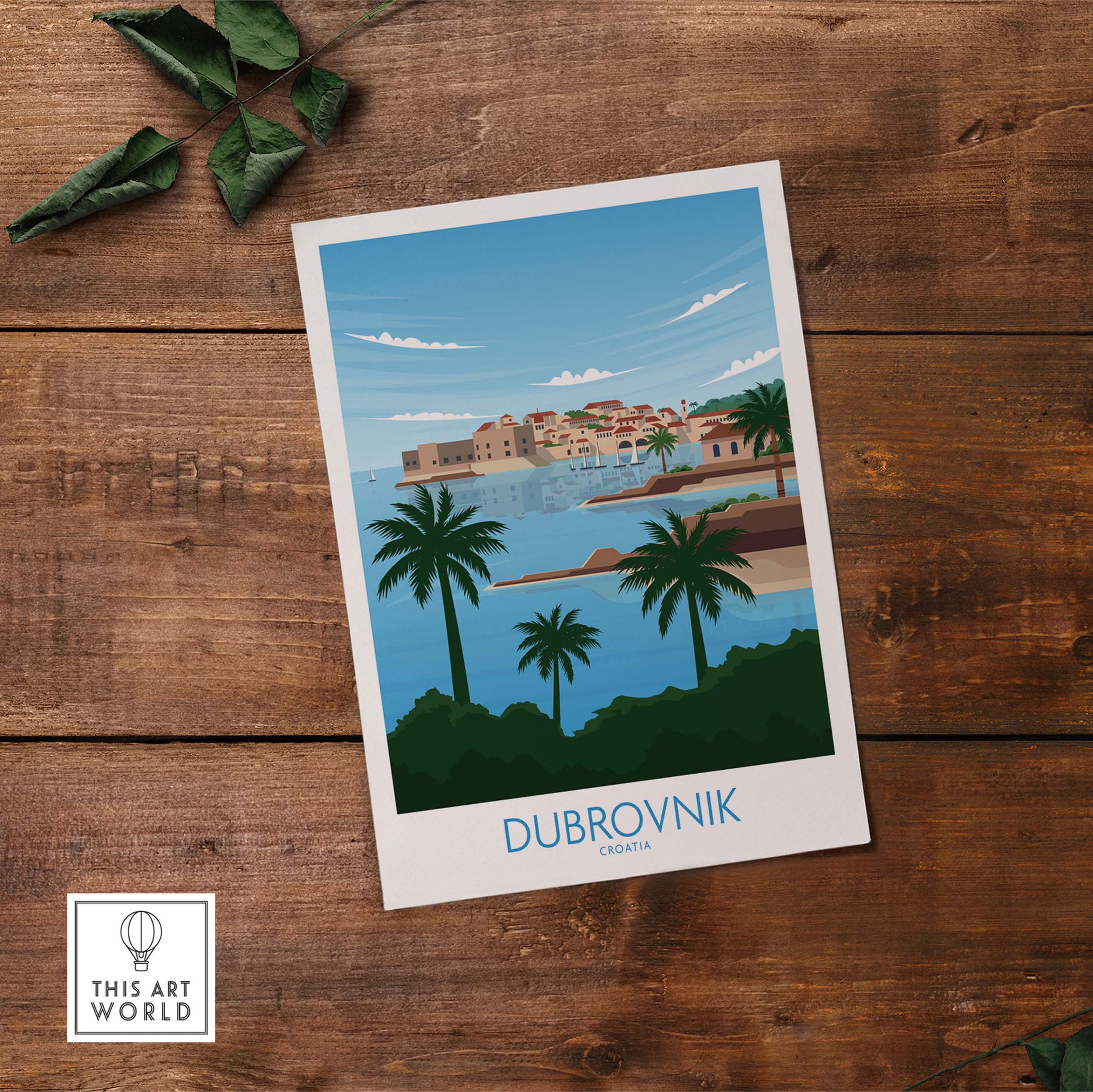 Dubrovnik Poster Art Fine Art Print showcasing a serene coastal view with palm trees and modern minimalist design.