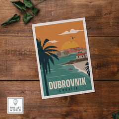 Dubrovnik poster wall art print featuring vintage design, palm trees, and coastal scenery of Croatia.