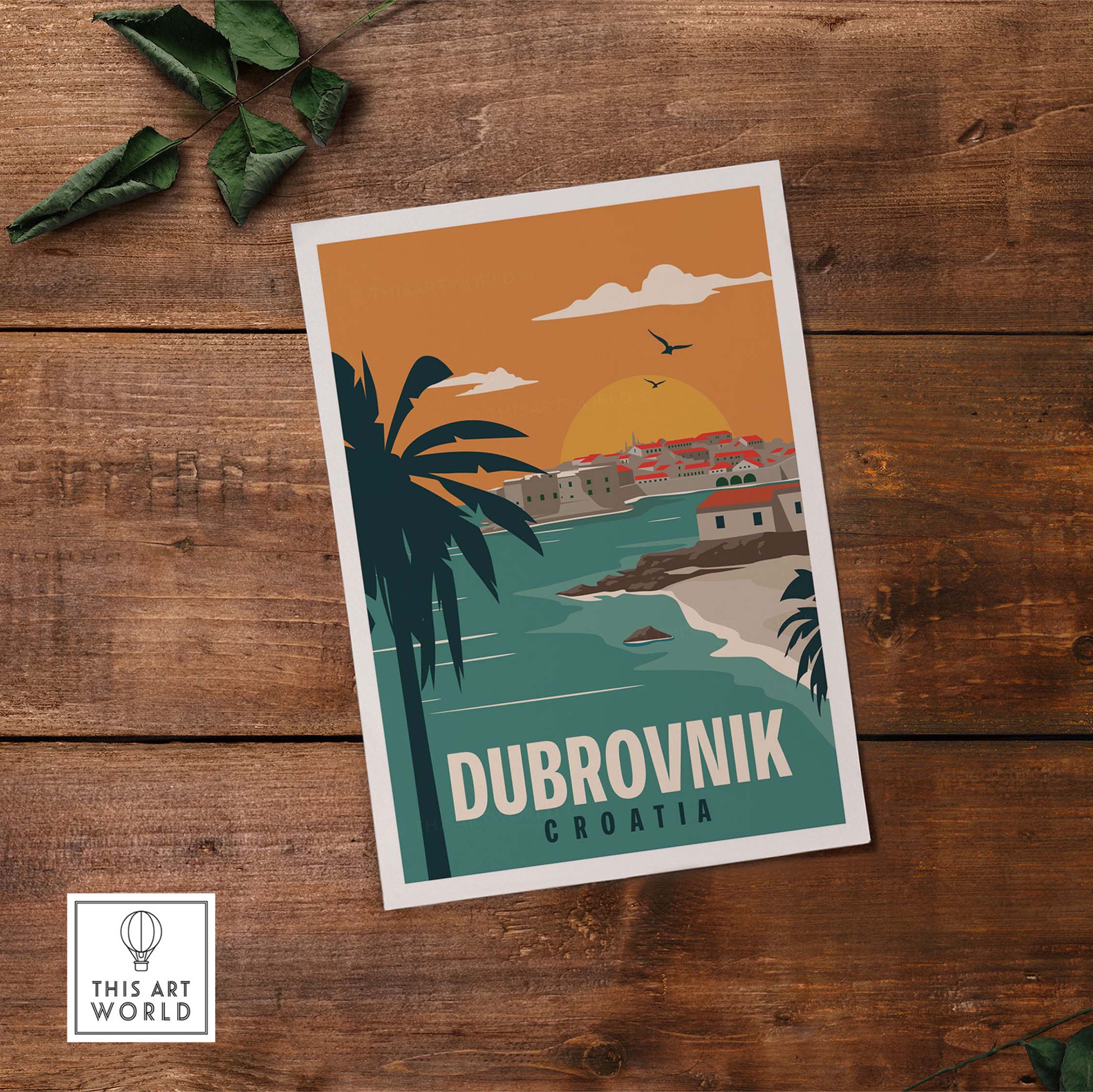 Dubrovnik poster wall art print featuring vintage design, palm trees, and coastal scenery of Croatia.