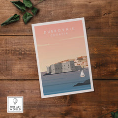 Dubrovnik wall art poster showcasing scenic Croatian coastline, inspired by vintage travel designs.