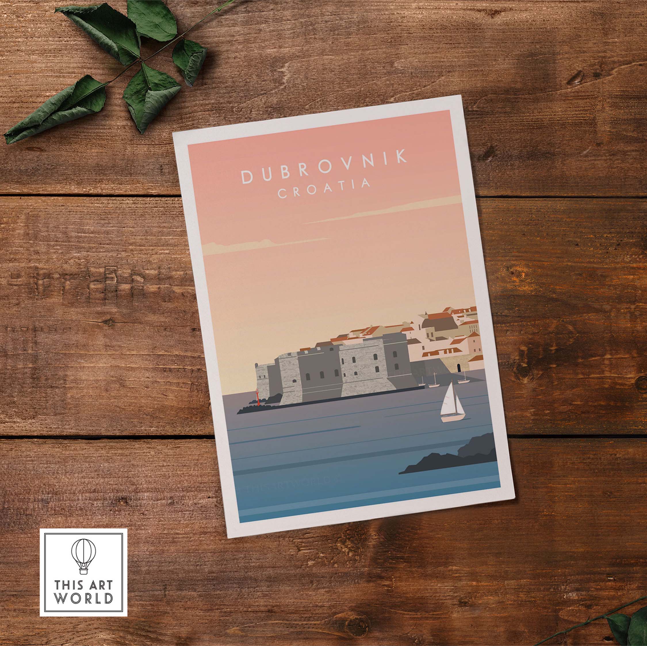 Dubrovnik wall art poster showcasing scenic Croatian coastline, inspired by vintage travel designs.