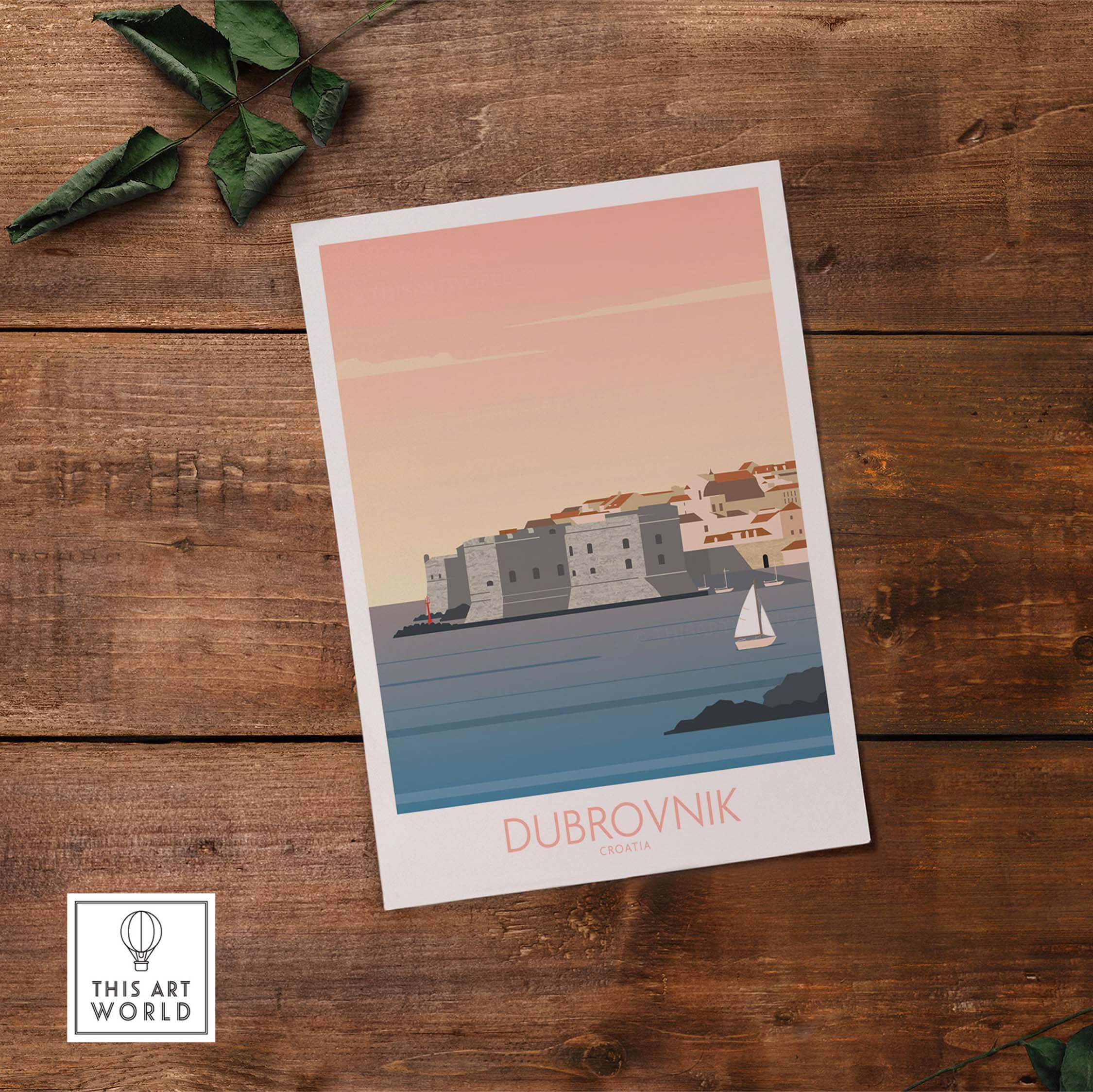 Vintage Dubrovnik travel poster featuring coastal scenery and sailboat on wood background.