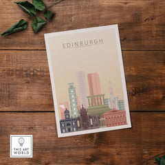 Edinburgh skyline print showcasing iconic buildings in warm pastel colors, perfect for wall art decor.