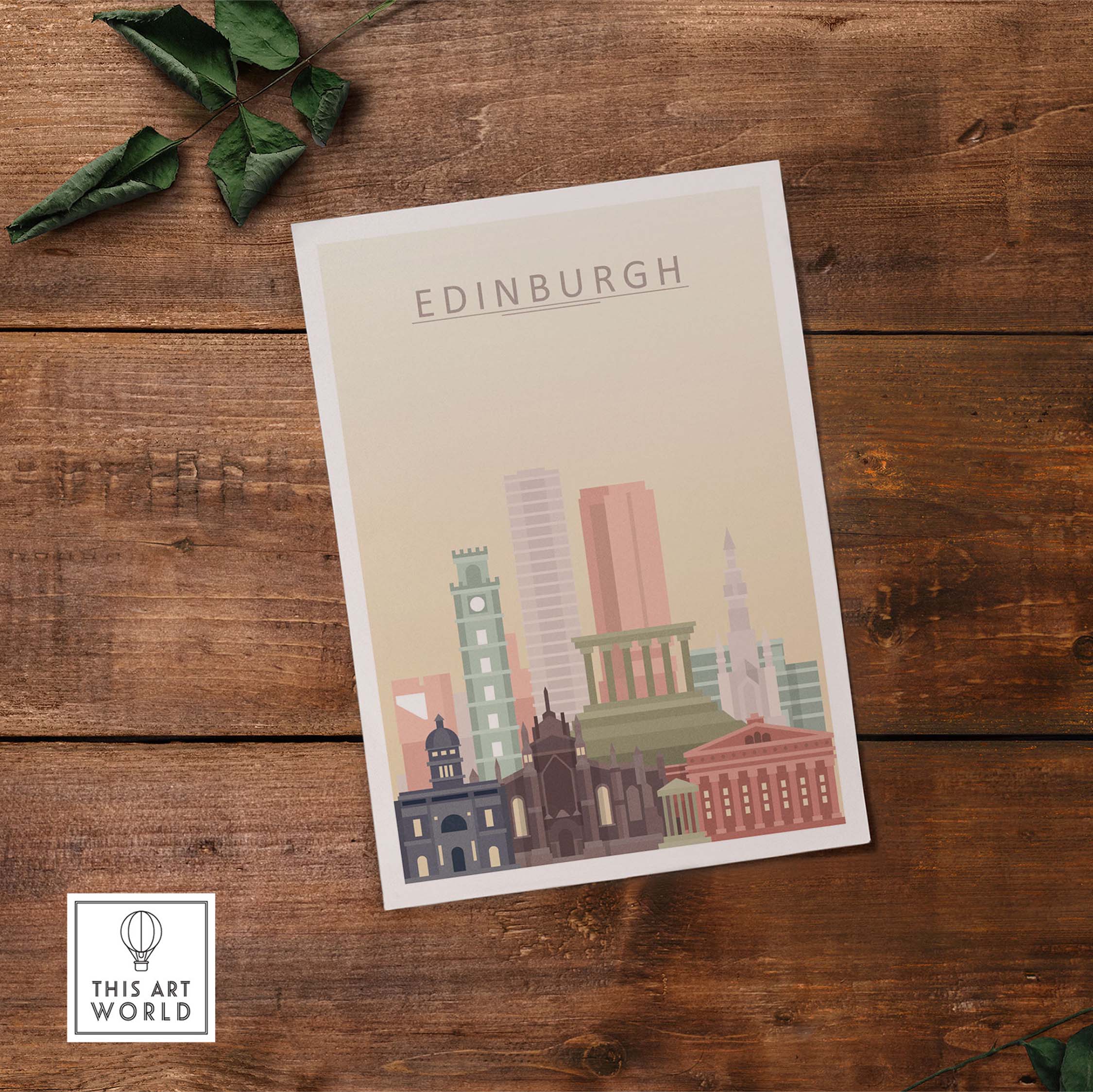 Edinburgh skyline print showcasing iconic buildings in warm pastel colors, perfect for wall art decor.