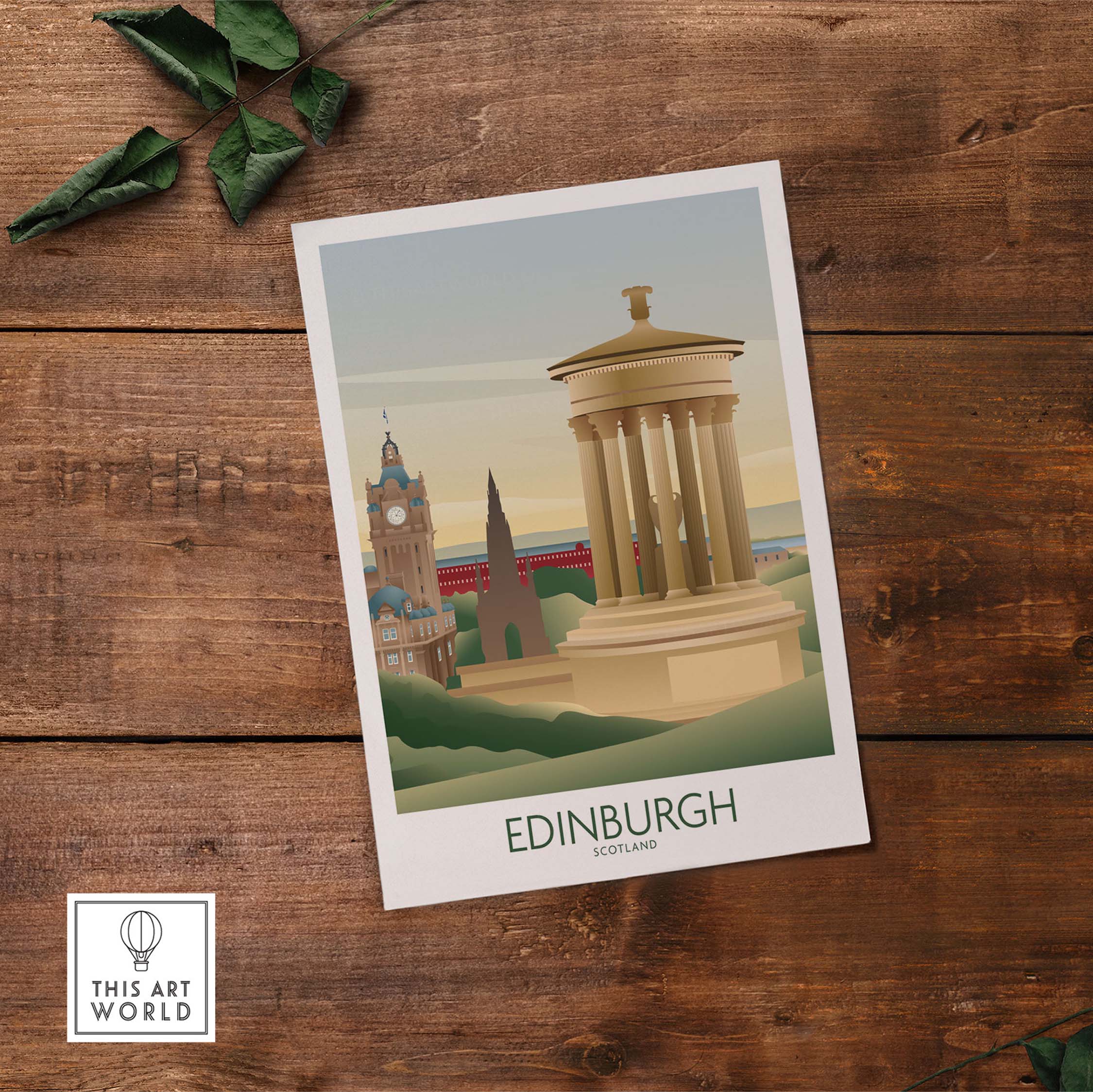 Edinburgh Wall Art Print showcasing iconic landmarks in Scotland, inspired by vintage travel aesthetics.