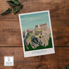 Edinburgh Scotland travel poster featuring a vintage design of Edinburgh Castle on a scenic background.