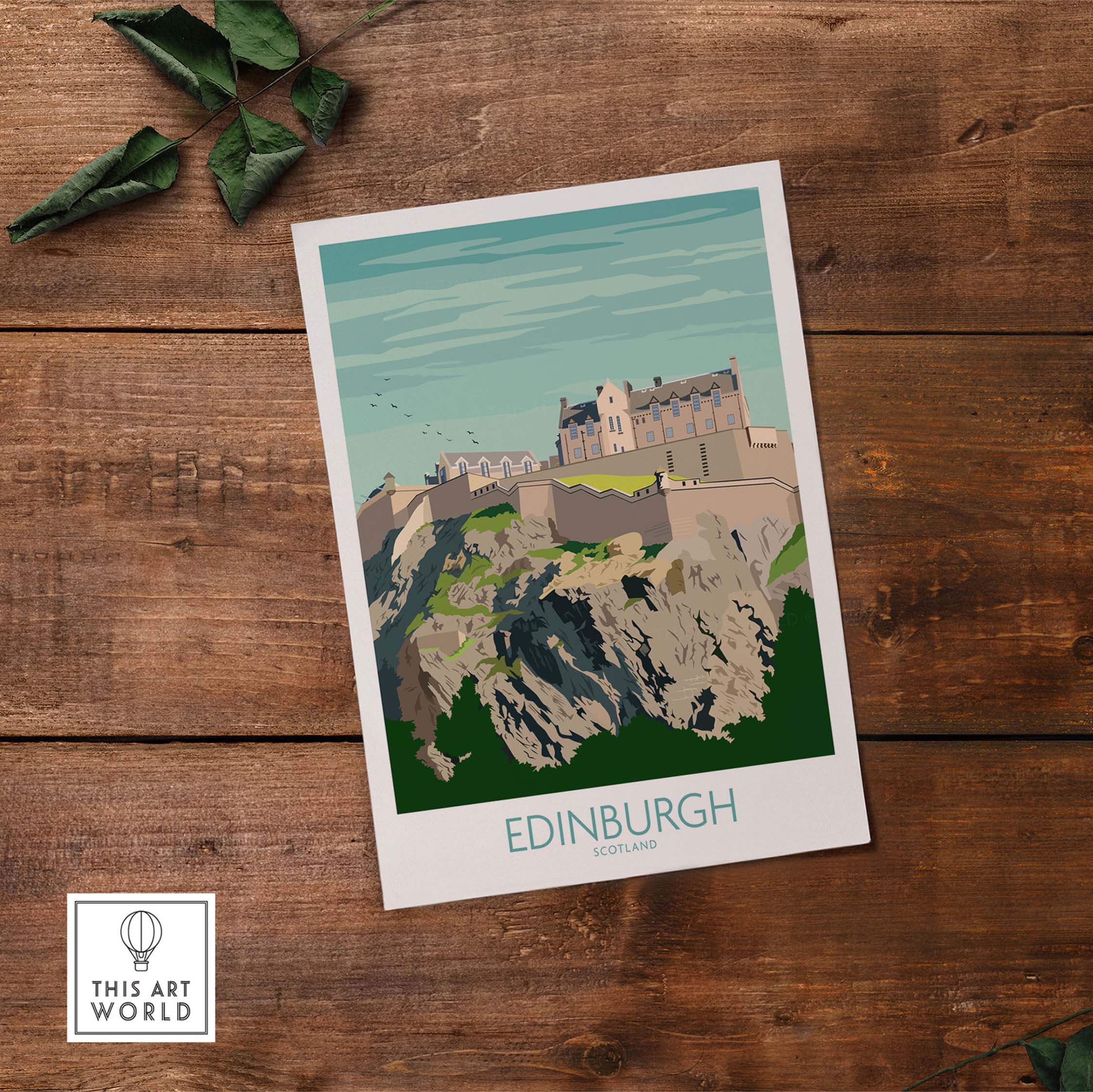 Edinburgh Scotland travel poster featuring a vintage design of Edinburgh Castle on a scenic background.