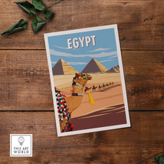 Vintage Egypt wall art print featuring a camel and pyramids in a minimalist design, perfect for home decor.