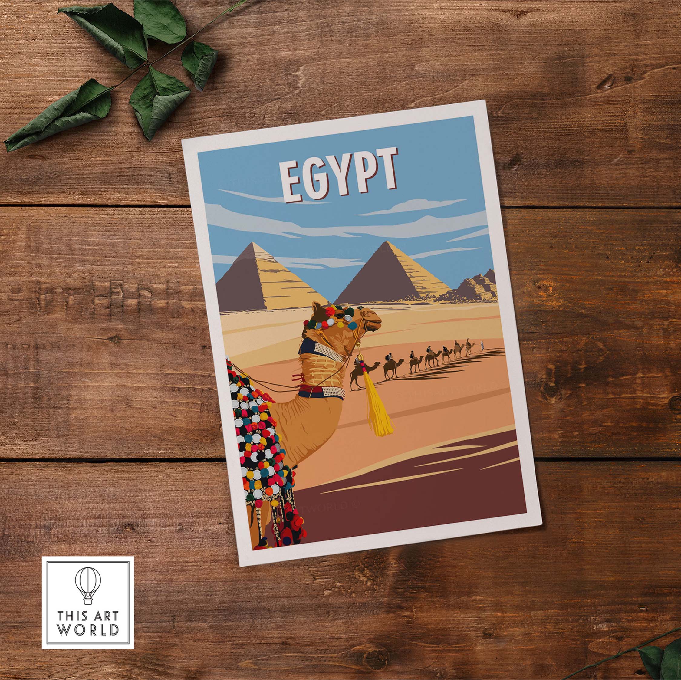Vintage Egypt wall art print featuring a camel and pyramids in a minimalist design, perfect for home decor.