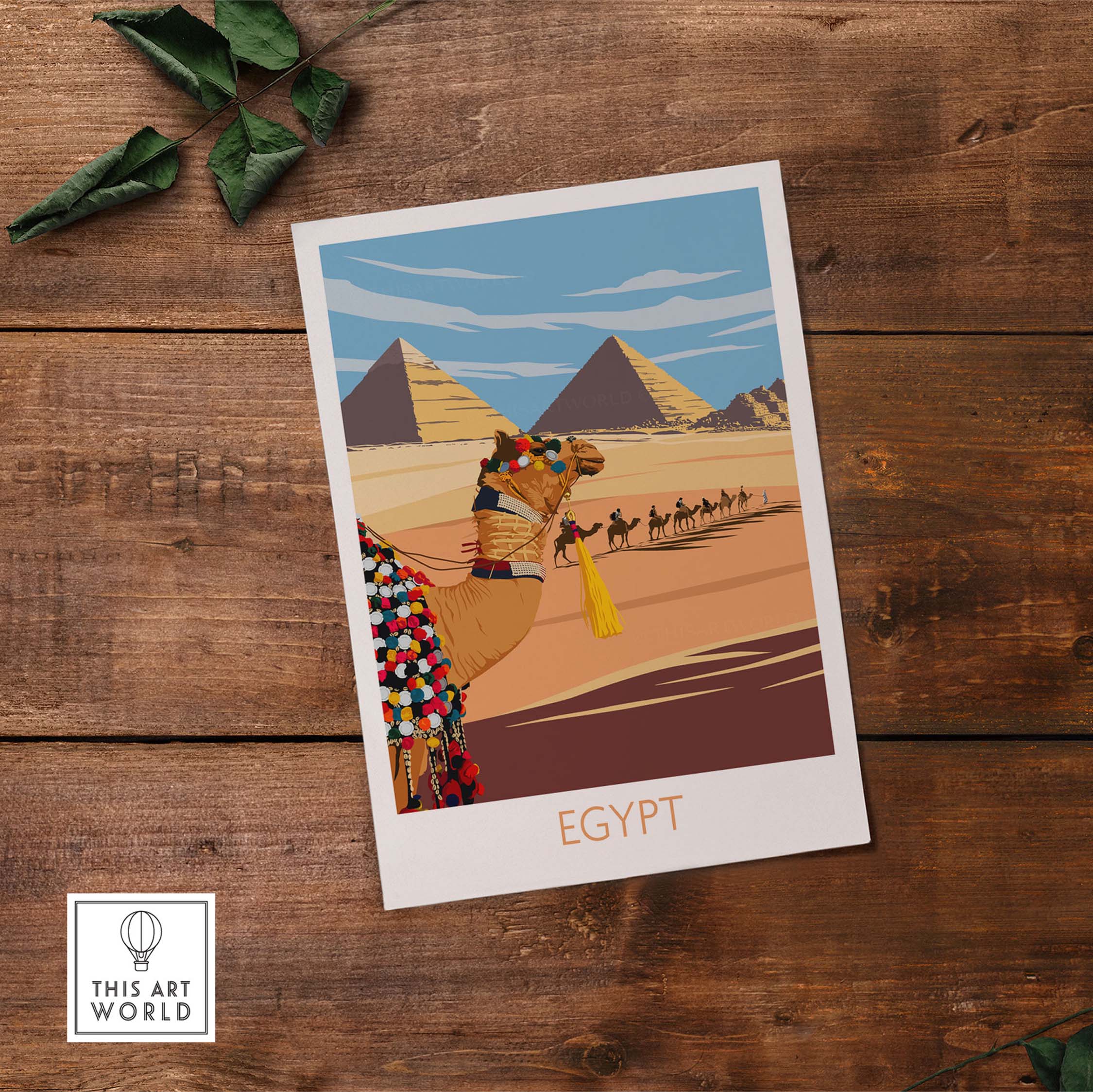 Egypt wall art print featuring a camel, pyramids, and a desert scene in a vintage travel poster style.