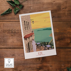 Eze Print France travel poster featuring a scenic view of Eze Village and the Mediterranean Sea.