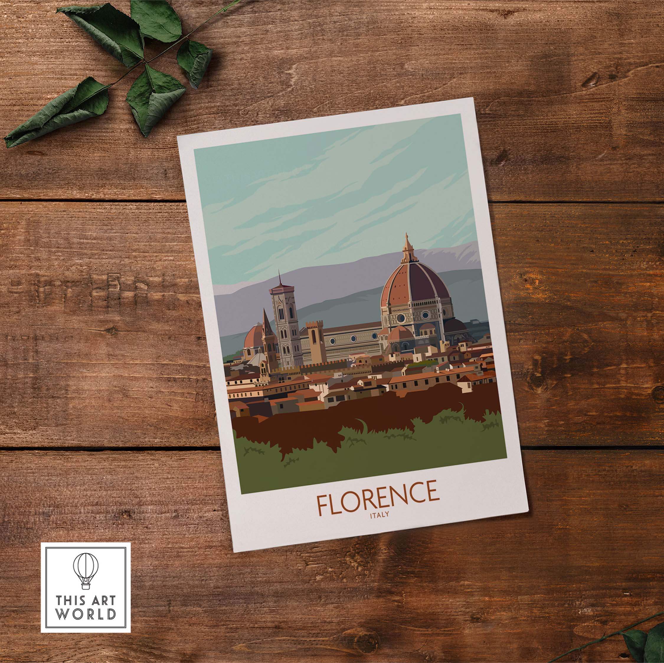 Florence Print Italy Travel Poster showcasing iconic landmarks in a vintage inspired design.