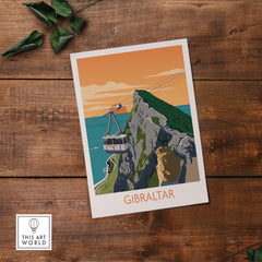 Gibraltar Travel Poster Art Print featuring cable car and scenic coastline, perfect for home or office decor.