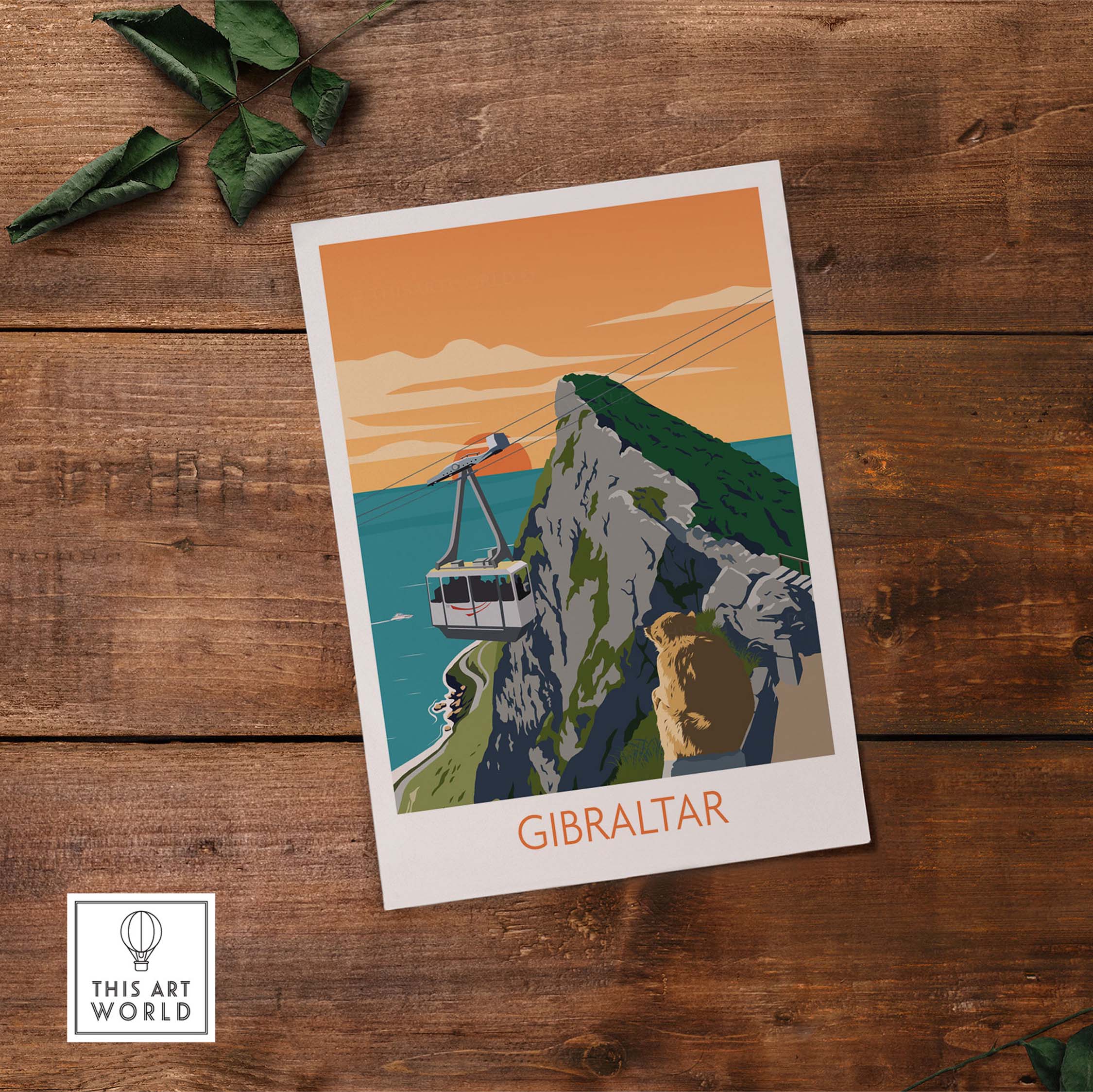 Gibraltar Travel Poster Art Print featuring cable car and scenic coastline, perfect for home or office decor.