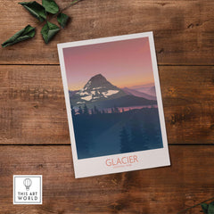 Glacier National Park art print featuring a mountain landscape in minimalist style on wooden surface.