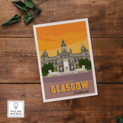 Glasgow Poster Print Scotland featuring a historic building with vintage travel design, perfect for home or office decor.