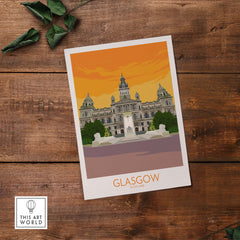 Glasgow Travel Poster Art Print showcasing vintage architecture and vibrant orange sunset.
