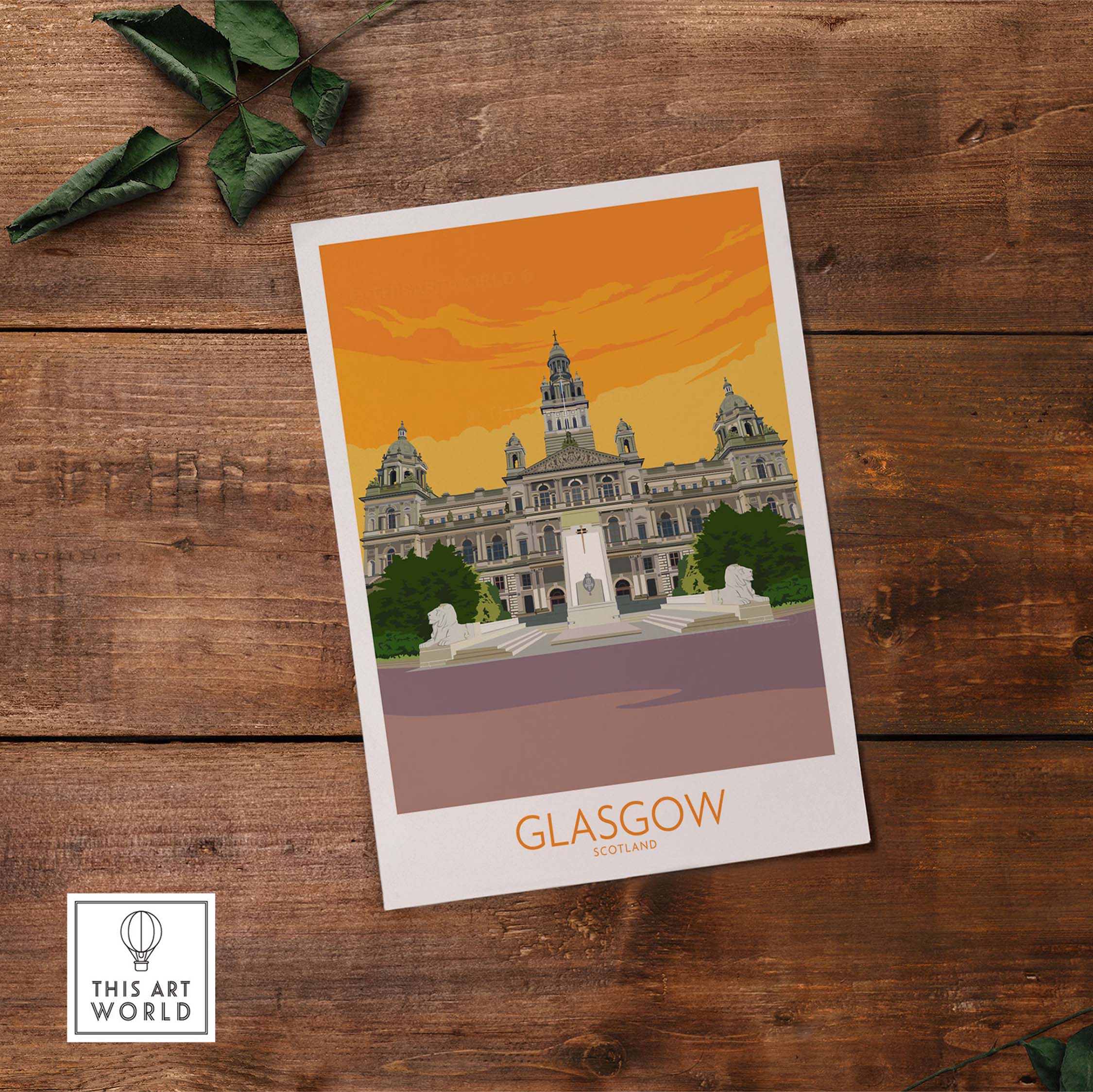 Glasgow Travel Poster Art Print showcasing vintage architecture and vibrant orange sunset.