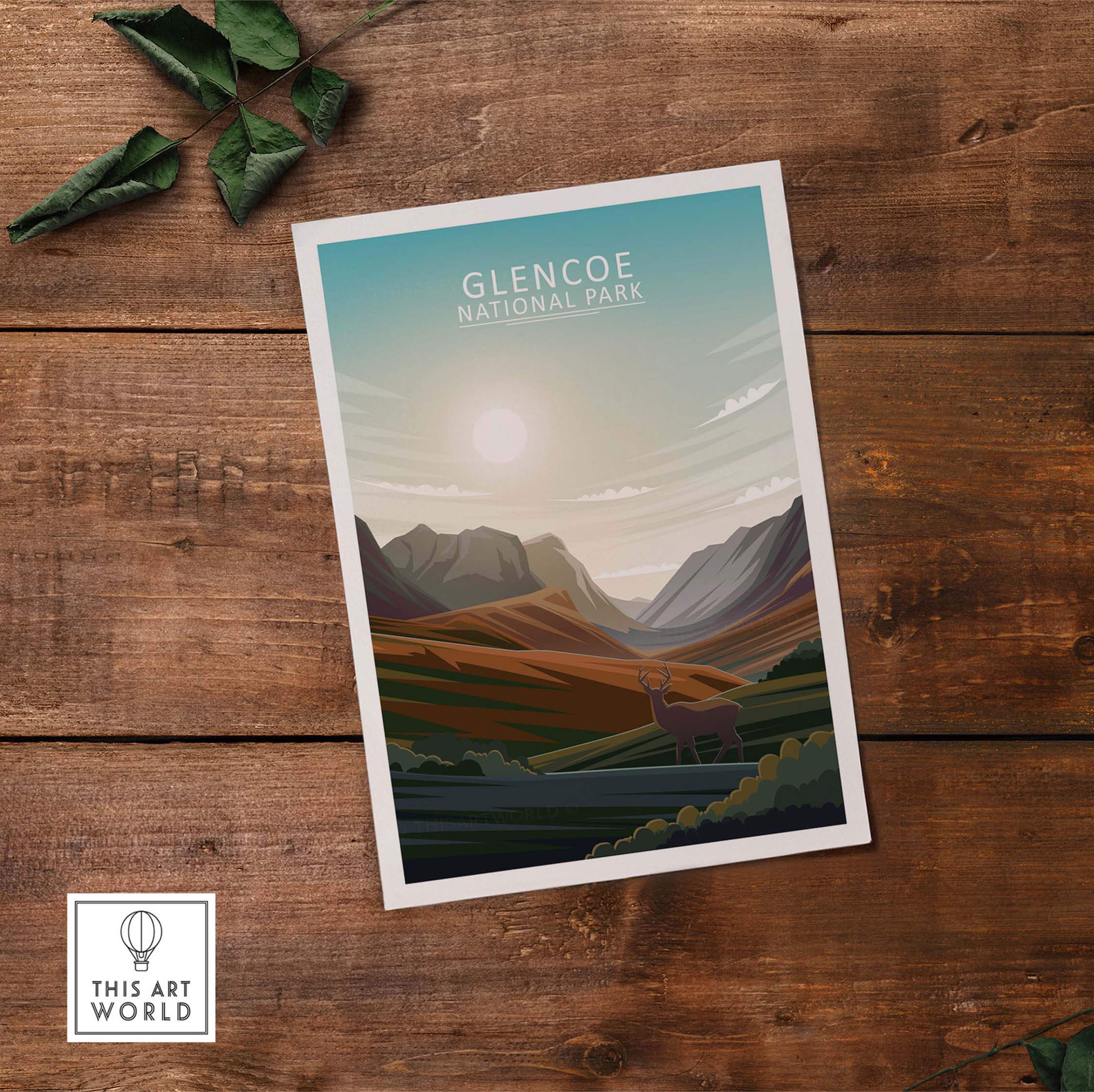 Glencoe National Park poster print showcasing vibrant landscapes and wildlife, perfect for nature lovers and art enthusiasts.