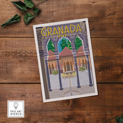 Granada Poster Spain Print depicting the Alhambra with vibrant colors and vintage travel art style on wooden background.