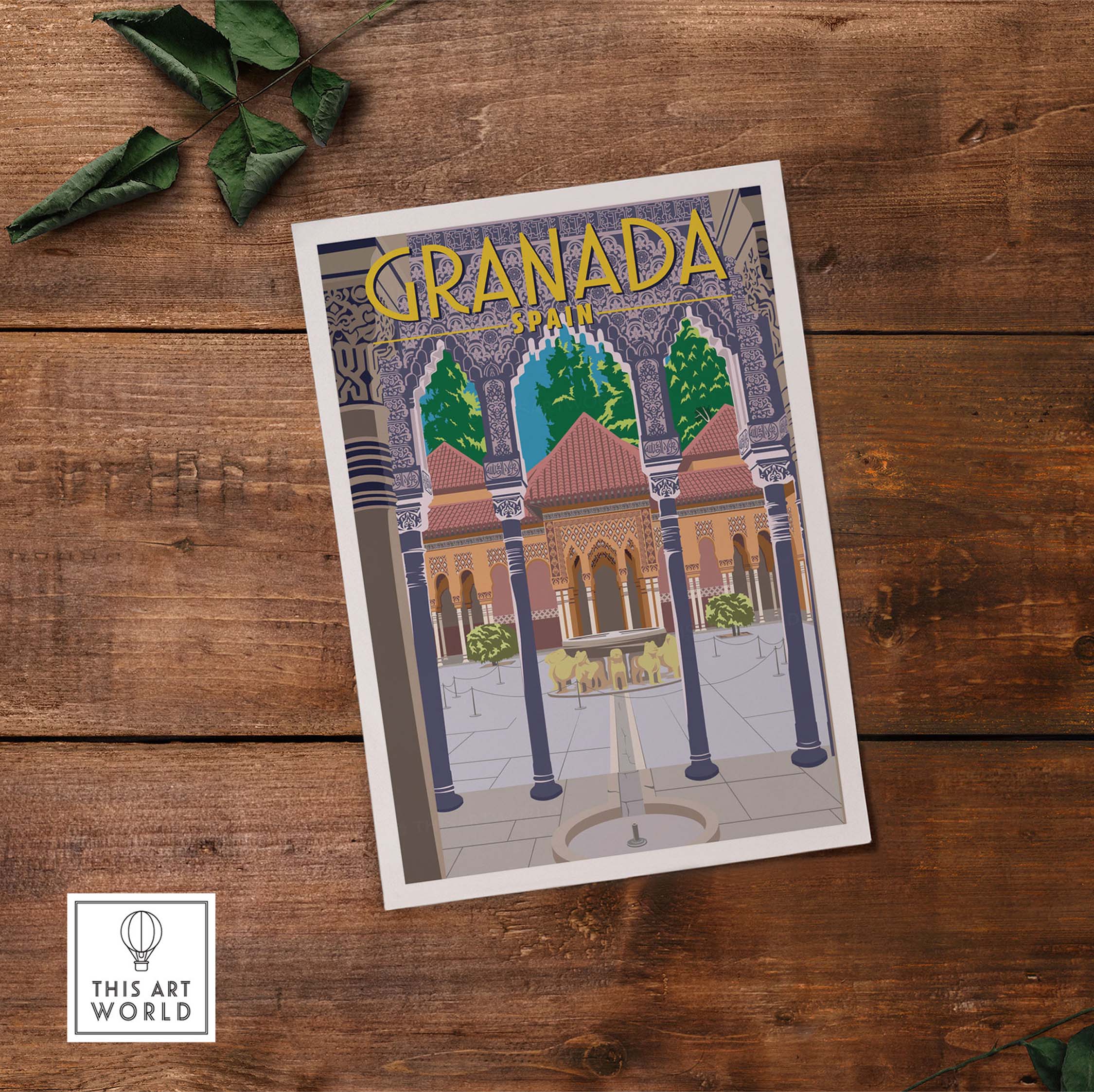 Granada Poster Spain Print depicting the Alhambra with vibrant colors and vintage travel art style on wooden background.