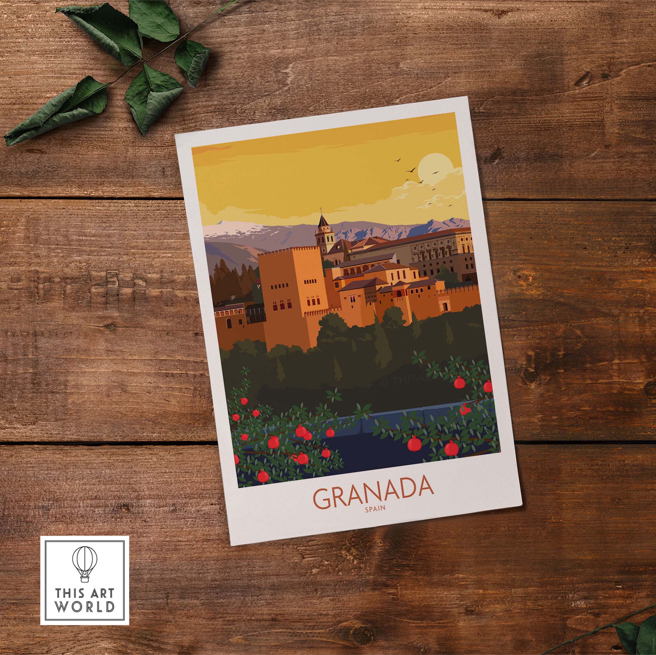 Granada Poster Print featuring a vintage-style illustration of Granada, Spain, surrounded by lush greenery and colorful flowers.