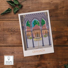 Granada Spain poster print showcasing intricate architecture and vibrant colors, perfect for travel lovers and art enthusiasts.