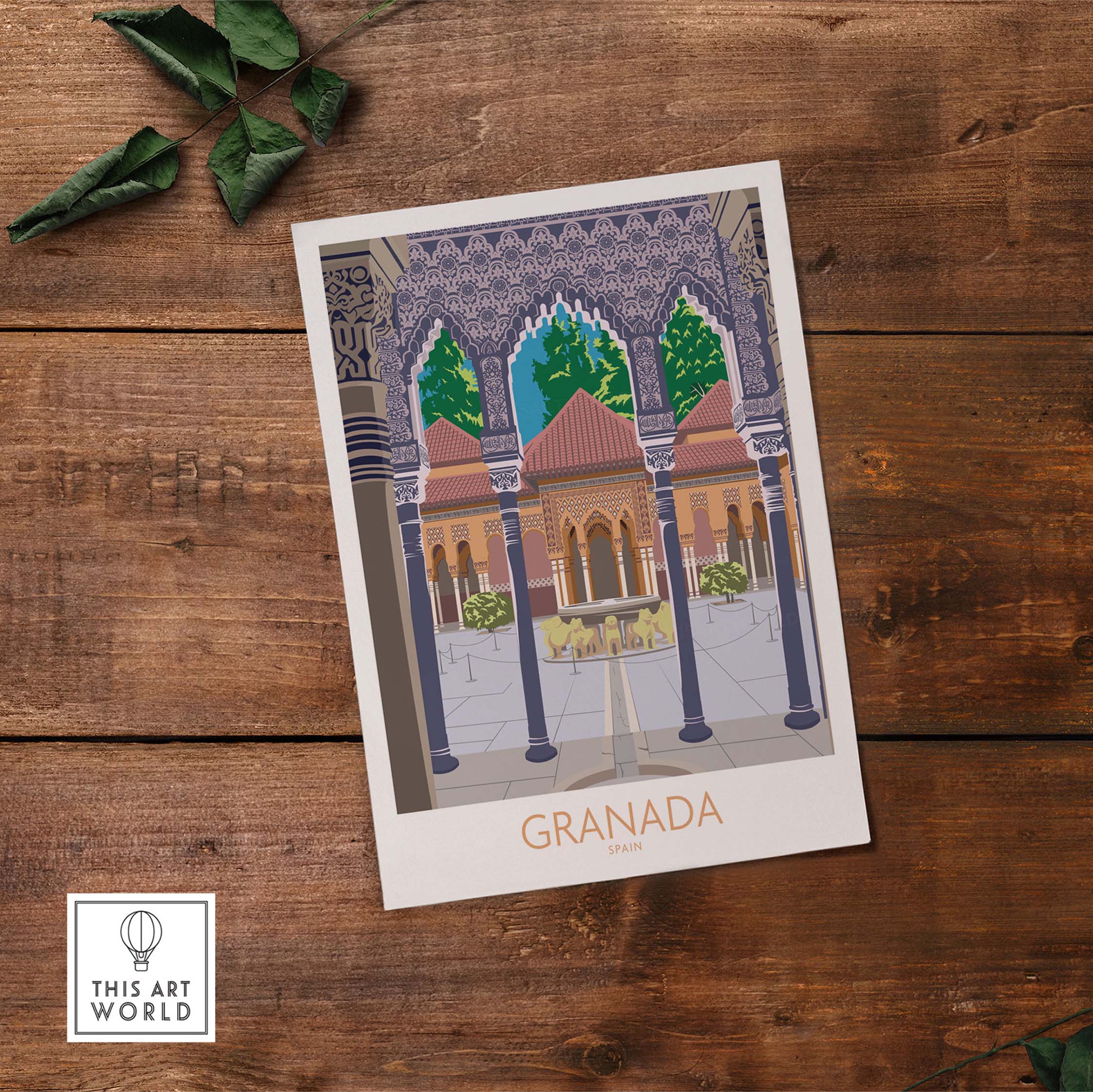Granada Spain poster print showcasing intricate architecture and vibrant colors, perfect for travel lovers and art enthusiasts.
