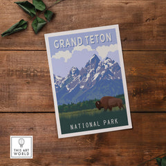 Grand Teton National Park print featuring mountains and bison, vintage style wall art for home or office decor.