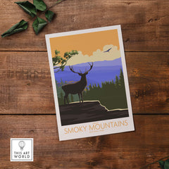 Vintage-style Great Smoky Mountains poster featuring a majestic stag and scenic landscapes, perfect for home decor.