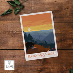 Smoky Mountains vintage poster print featuring a bear at sunset, great for home or office decor.