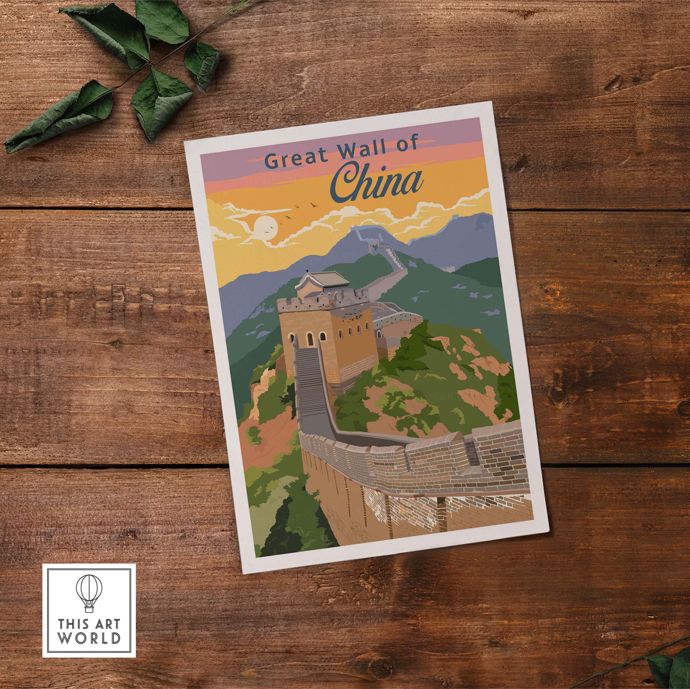 Great Wall of China vintage travel poster print showcasing scenic landscape and vibrant colors.