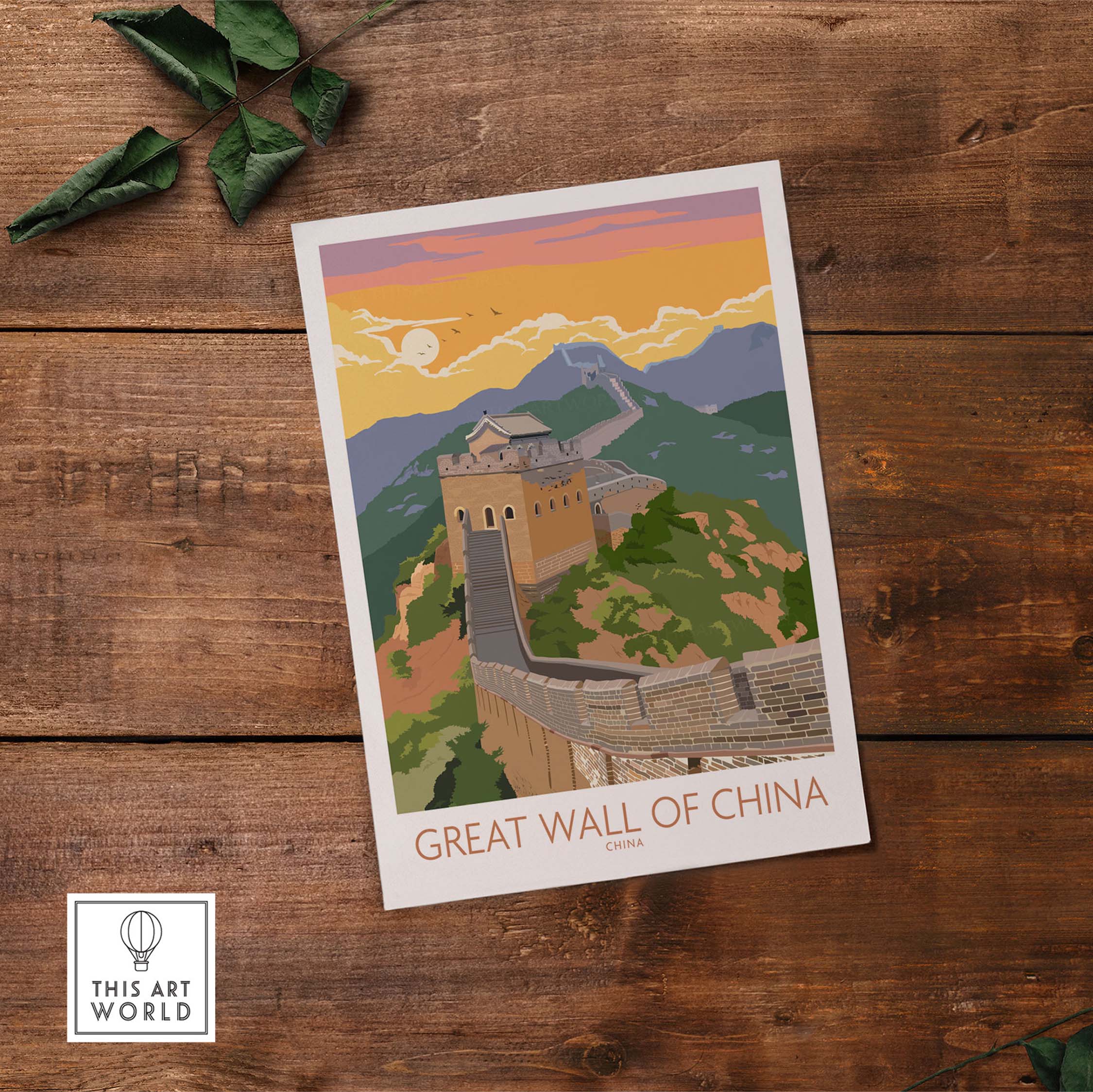 Great Wall of China vintage travel print showcasing scenic landscape and nostalgic art style.
