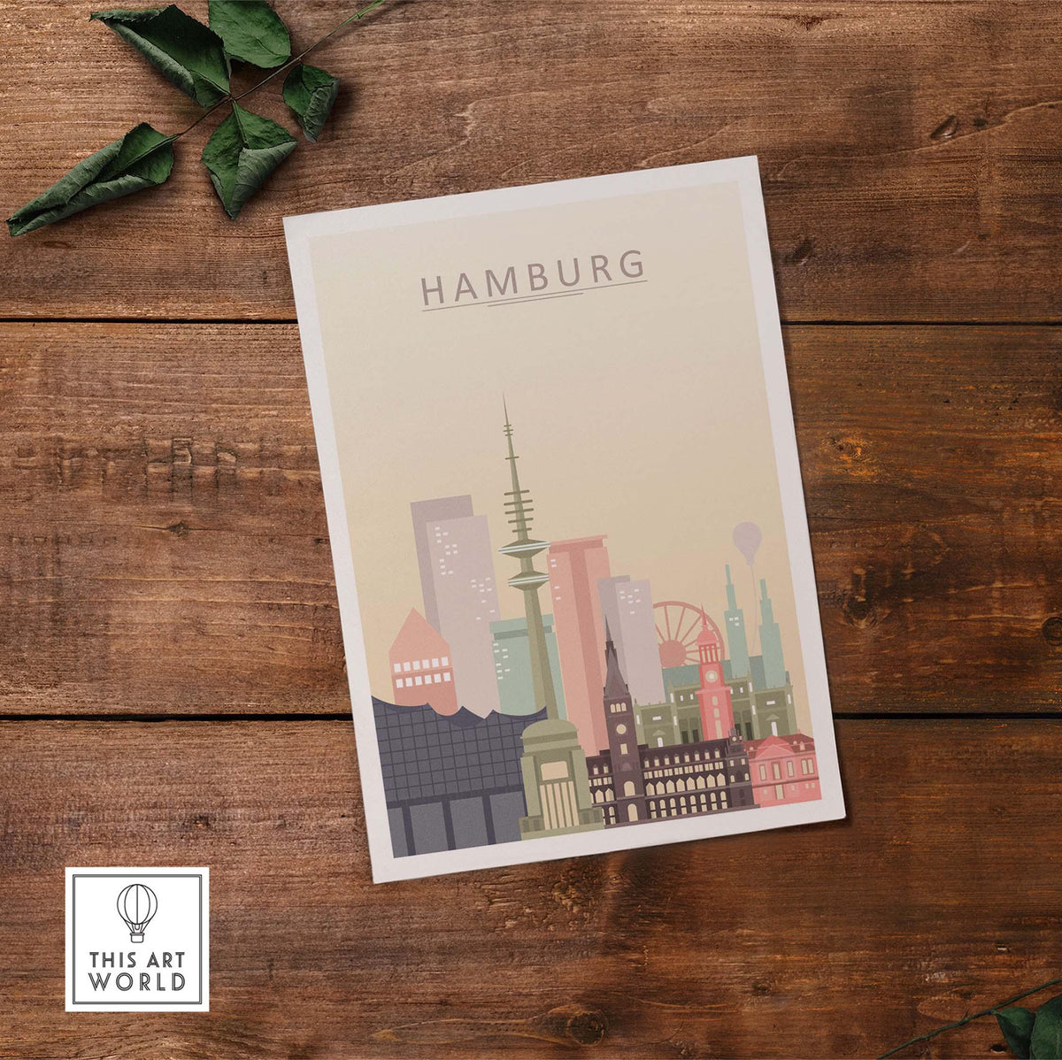 Hamburg City Skyline print showcasing iconic architecture in warm pastel tones on premium quality wall art.