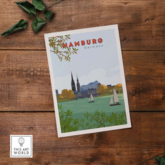 Hamburg vintage travel poster featuring iconic landmarks and sailboats, perfect for home or office decor.