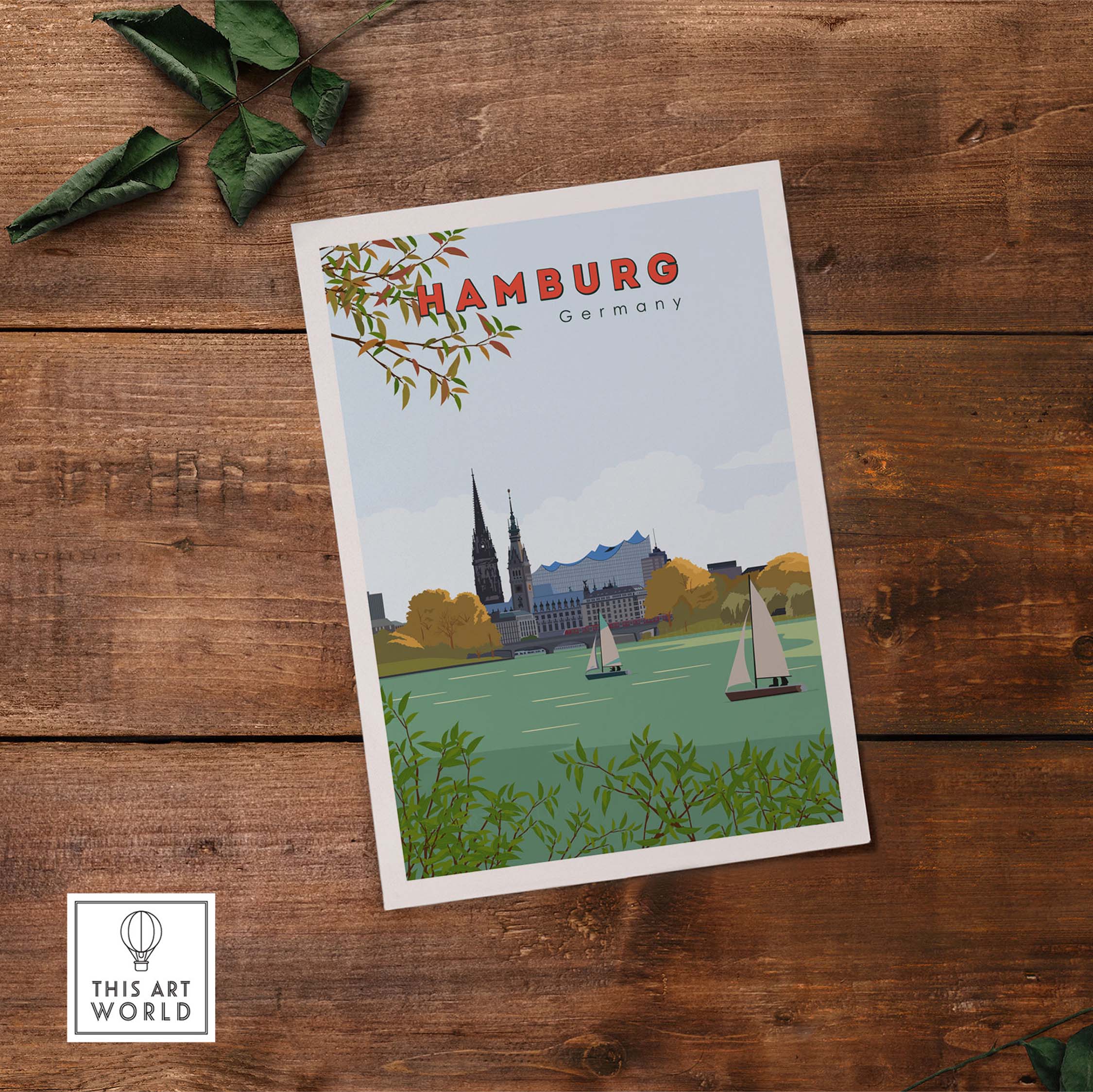Hamburg vintage travel poster featuring iconic landmarks and sailboats, perfect for home or office decor.