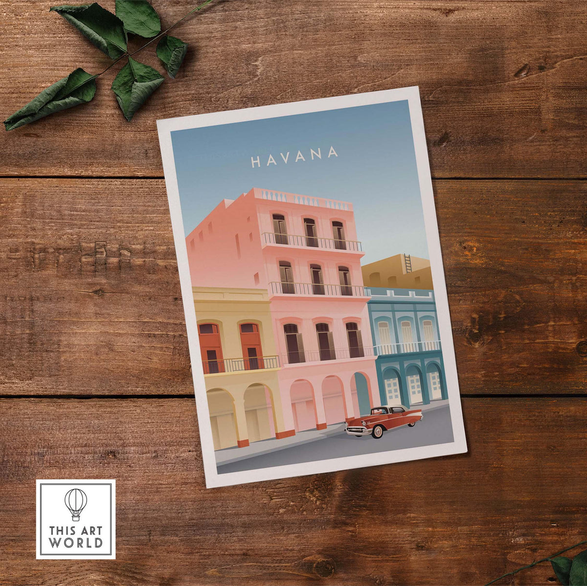 Havana Wall Art Poster featuring vintage-style colorful buildings and classic car on wooden background.
