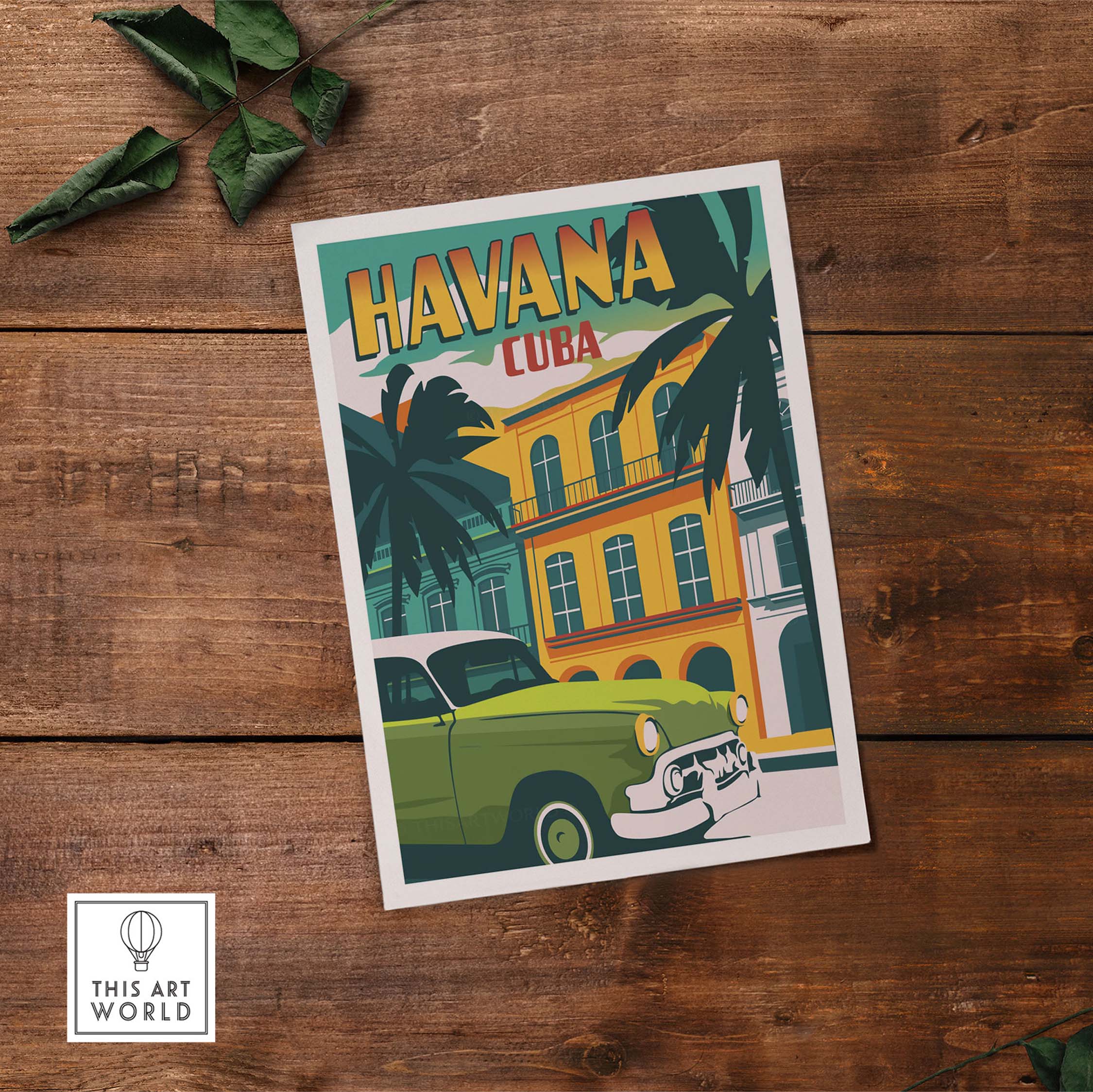 Havana Print Cuba Poster showcasing vintage car and tropical scenery, perfect for home decor and travel inspiration.