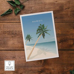 Hawaii wall art poster featuring palm trees on a beach, evoking vintage travel nostalgia and wanderlust.