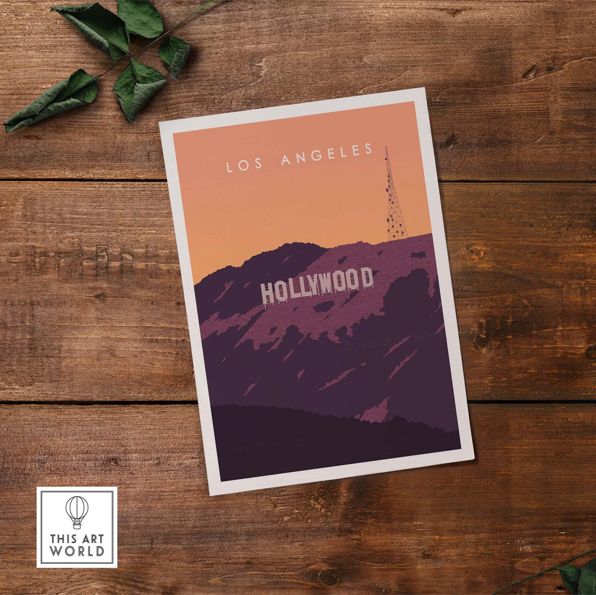 Hollywood Sign Print Wall Art Poster featuring a vintage Los Angeles design on wooden background.